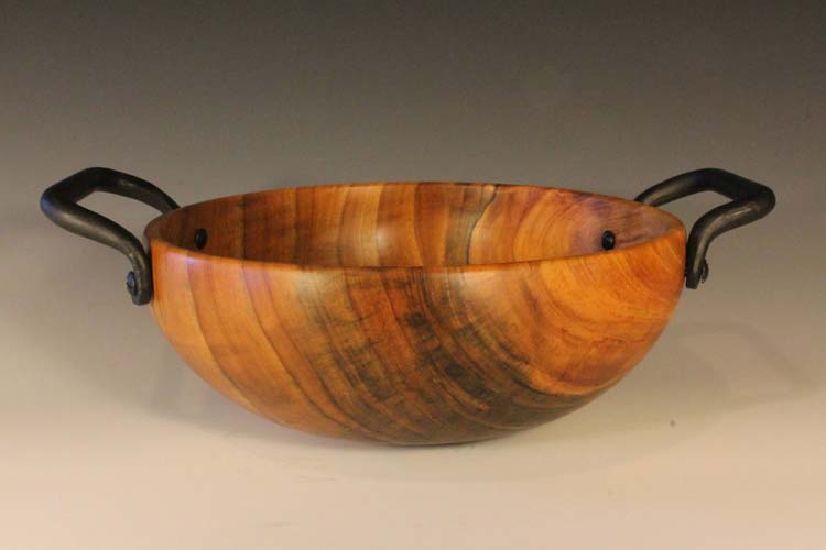 Wooden bowl with metal handles (Elm): 13in x 4in (33cm x 10cm)